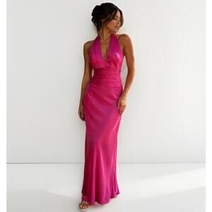 90s Y2K Sz 12 Papell Boutique Hot Pink Satin Halter Maxi Gown Dress Formal Prom
